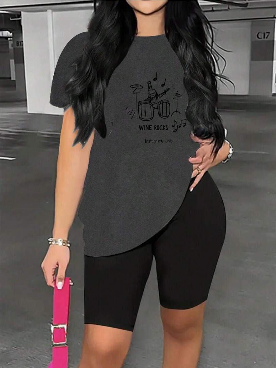 Women's Fashionable Crew Neck Graphic Print Short Sleeve Shorts Set - Round Neck Casual Short Sleeve Shirt Shorts Set With Polyester Fabric - Lightweight & Breathable Vest For All Seasons, 1 Set,290g