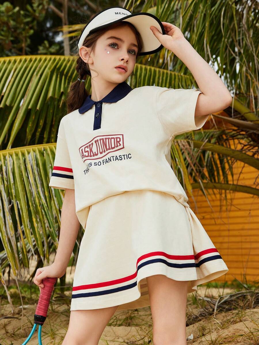 ASK JUNIOR 2 件套 Tween Girls Tween Girl 针织 Polo 衫和迷你裙网球套装