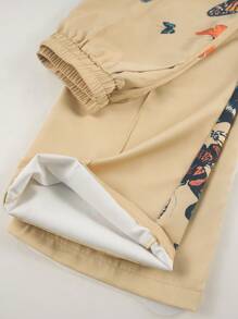 女士休闲蝴蝶印花松紧腰阔腿裤 - 杏色 - 查看 3