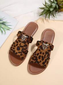 Women's Strap Flat Slippers With Animal Print Decor, Lightweight, Comfortable, Casual, Beach Vacation Style Sandals, Summer