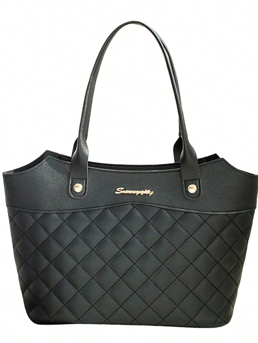 PU Leather Handbag For Women, Fashion Rhombic Jacquard Tote Shoulder Bag Simple Shopping Bag - Black - View 1