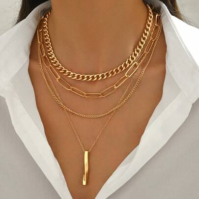 4 件装金色几何吊坠多层链条项链，适合女士，适合派对和日常装饰的珠宝