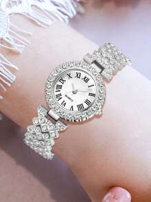4 PEÇAS Conjunto de Relógio de Pulso Feminino com Pulseira de Liga de Prata, Luxuoso com Pedrinhas e Números Romanos, Mostrador Redondo, Relógio de Quartzo, Conjunto Adequado para Combinar com Vestuário Diário