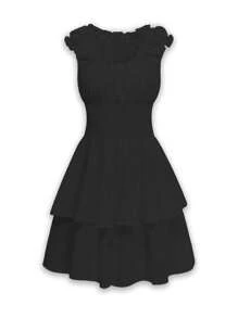 2025秋季女装 | 优雅女士连体裤：层叠蛋糕设计 | 飘逸雪纺方领 | 完美婚礼宾客礼服 | 约会之夜及音乐节穿搭 - 黑色 - 查看 2