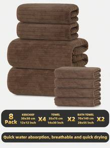 8pcs Set [4 Handkerchiefs + 2 Towels + 2 Bath Towels] Coral Fleece Striped Hand Towel, Face Towel, Bath Towel Bath Set, Lightweight, Skin-Friendly, Highly Absorbent, Suitable For Bathing, Face Washing, Traveling, Camping, Salons, Etc. Summer,Holiday