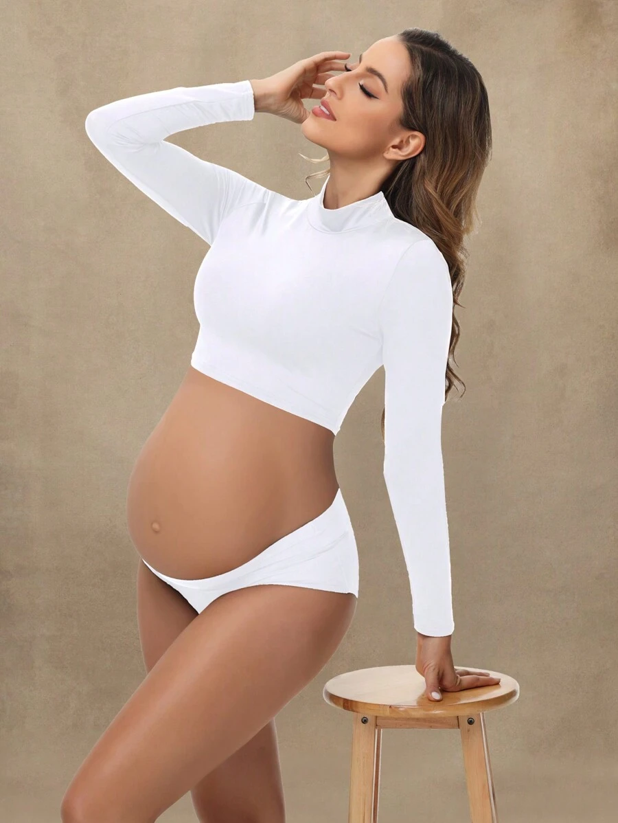 Maternity Turtleneck Long Sleeve Pullover, Solid Color Cropped Top, Suitable For Photoshoot White - White - View 1
