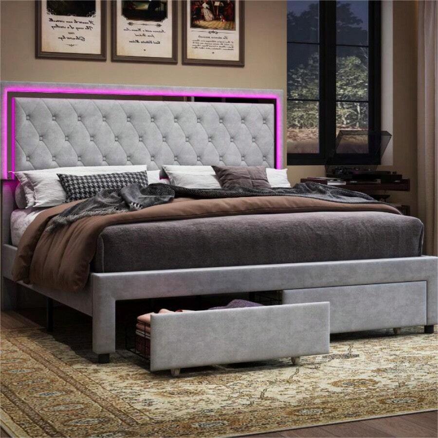 Velvet Upholstered Platform Bed Frame With LED Lights And Storage Drawers – No Box Spring Needed, Easy Assembly - Light Grey - View 1