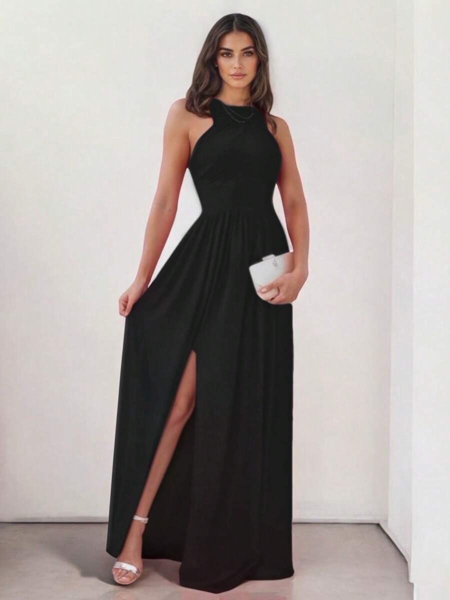 Sophisticated Off-The-Shoulder Long Dress With Leg Slit - 黑色 - 查看 1