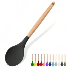 1 Pc Large Silicone Spoon Wooden Handle Wood Handle Mixing Spoons Silicone Mixing Spoon For Cooking Baking Stirring Silicone Spoons Nonstick Heat-Resistant Kitchen Mixing Tools - Multicolor - View 8