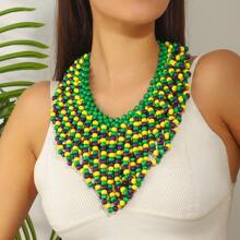 Handwoven Wood Bead V-Shaped Necklace, Exaggerated African Bridal Accessory, Party Decoration, Factory Outlet, Natural Wood Beads, Slight Defects, Occasional Color Difference, Not Seconds, Caution For Those Seeking Perfection