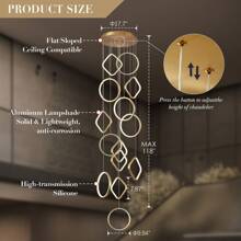 FookChak Modern LED Chandelier 14-Light Chandelier For High Ceiling Dimmable Foyer Chandelier With Remote Control Large Long Chandelier For Staircase Living Room Entryway, 3000-6500k - 金色 - 查看 2