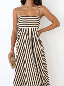 2025 Women Long Cami Dress Stripe/Dot Print Spaghetti Strap Backless A-Line Flowy Dress - màu nâu - Xem 5