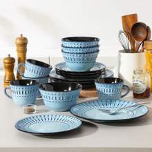 vancasso 16-Piece Set Of Blue Relief Diamond Vertical Point Lace Ceramic Dinnerware Set For 4 People