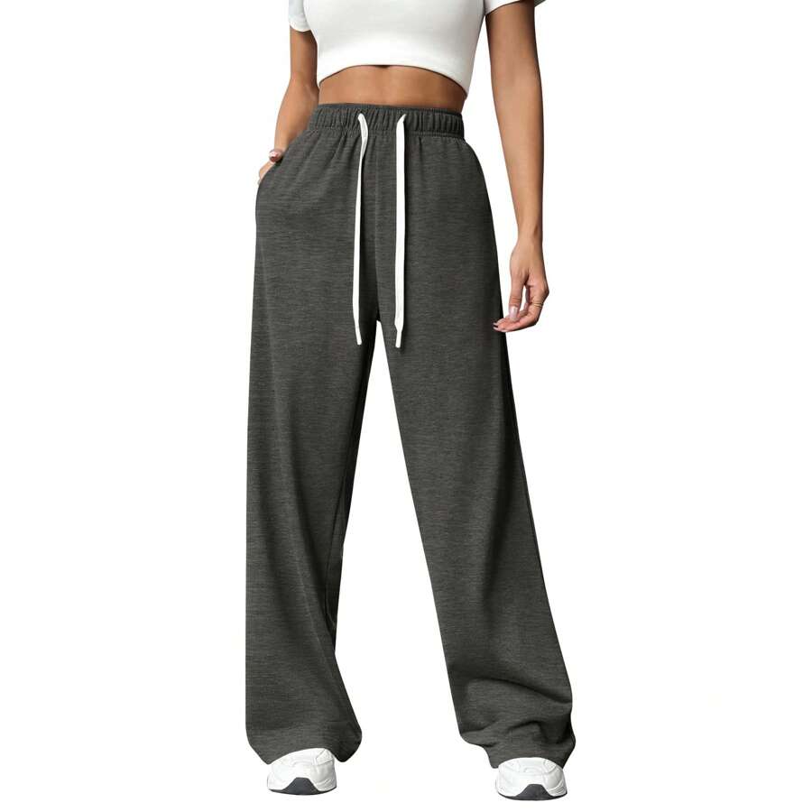 Womens Basics Sweatpants Tracksuit Gym Women Clothes Airport Women Outfits With Pockets Joggers Lounge Trousers - Màu xám đen - Xem 1