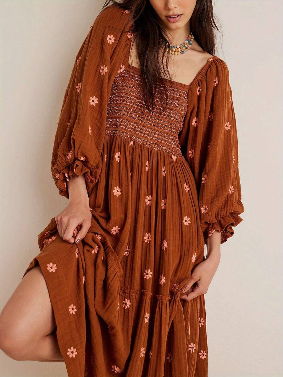 Women Long Dress, Long Sleeve Dress Square Neck Embroidery Flower Loose Swing Dress - Tan - Xem 1