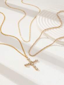 3 Pcs Layering Chain Cross Necklaces Set Pave Crystal Luxurious Chain Necklace Cross Jewelry - Gold - View 2