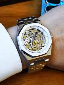 FORSINING 1pc Heren Luxe Tourbillon Skeleton Automatische Mechanische Horloges Roestvrijstalen Band Iced Out Wijzerplaat Lichtgevende Wijzers Mode Zakelijke Casual Heren Horloge Geschenken