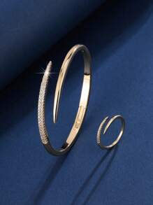 2pcs Jewelry Set: Bracelet And Ring, Minimalist And Fashionable, Double Pointed Cubic Zirconia Sparkling, Luxurious Style, Suitable As A Gift Or For Daily/Holiday Wear, For Women - Multicolor - View 1