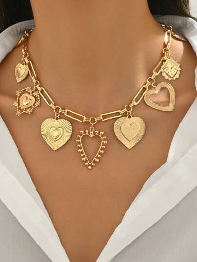 1 pieza Collar con colgante de borla con forma de corazón personalizado con múltiples elementos, collar ajustable de estilo vintage a la moda para mujer, joyería gruesa, adecuado como regalo para el Día de San Valentín, el Día de la Madre