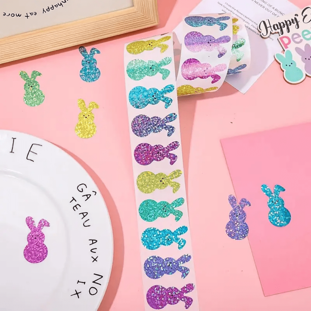 1 rotolo, 500 pezzi Adesivi coniglietto di Pasqua - Adesivi laser colorati a forma di coniglietto, 5 colori brillanti, etichette adesive autosigillanti, etichette per confezioni regalo, decorazioni per sacchetti regalo, adatti per buste, bouquet, album, artigianato natalizio, agende, diari e gadget per feste, incarto regalo, per il giorno di Pasqua, vassoi per uova