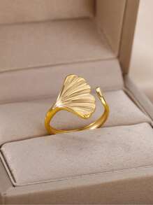 Delicados anéis de aço inoxidável com folhas de ginkgo e concha de sereia, cor dourada, duas folhas, franjas, anel aberto ajustável para mulheres, banhado a ouro 18K, à prova d'água, antidesbotamento, joias de casamento, férias, acessórios de uso diário, presentes para ela