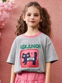 ASK JUNIOR 青少年女孩短袖 T 恤,可爱图案印花圆领休闲 T 恤 - 灰色 - 查看 8