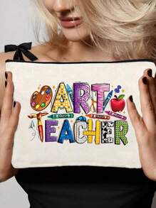 Art Teacher Themed Cosmetic Case - Fashionable Hand-Held Makeup Pouch, Non- Fabric Clutch With TSA Approved Design, Ideal Gift For Friends - Beige, Hand Washable Makeup Bag Travel School Supplies Travel Essentials Make Up Bag Holiday Essentials Cosmetic Bag Makeup Bags Makeup Organizer Holiday Winter Leopard Print Sausage Dog Women Gifts For Women