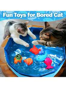 1 Collapsible Cat Pool Toy, Portable Cat Indoor/Outdoor Water Bowl With 6 Squeaky Sounding Toys, Cat Interactive Entertainment Set, Keeps Cats Playing! - Multicolor - View 7