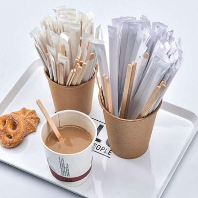 200/100/50/20pcs Wooden Coffee Stirrers, Paper Packaging, Sturdy Birchwood Sticks With Round Ends, Suitable For Tea, Beverages, Crafts And Popsicles, Coffee Stirrers For Coffee, Tea And Hot Chocolate, Individually Packaged