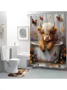 1 pieza/4 piezas Conjunto de cortina de baño con patrón de vaca de las Tierras Altas, cortina de ducha impermeable con alfombra antideslizante, tapa de inodoro y alfombra de baño, instalación fácil con ganchos en C, decoración de otoño para el baño, accesorios de baño de vuelta al colegio