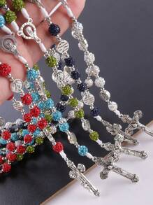 GO2CJBEADS 1pc Vintage Classic Red Color Catholic 59pcs 8mm Disco Rhinestone Beads Cross Necklace , Personalized Handmade Catholicism Prayer Bead Jewelry With Cross Pendant - Z0014B - View 2