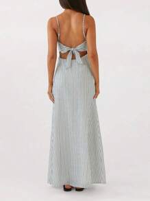 Womens Summer Long Dress Sleeveless Spaghetti Strap Tie-Up Front Loose Dress Back Cutout Dress - 綠色 - 查看 2
