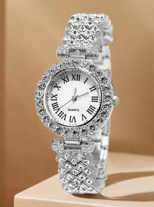 4 PEÇAS Conjunto de Relógio de Pulso Feminino com Pulseira de Liga de Prata, Luxuoso com Pedrinhas e Números Romanos, Mostrador Redondo, Relógio de Quartzo, Conjunto Adequado para Combinar com Vestuário Diário