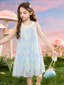 ASK JUNIOR 女童蕾丝无袖公主裙，轻便夏季演出裙，适合年龄较大的女童