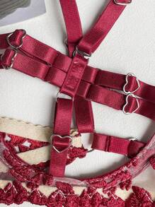 Romantic Embroidered Steel Circle Sexy Heart Valentine's Day Bra Set Neckline, Embroidered Thong, Waistband And Leg Straps 5 Piece Set(Complimentary Collars) - 紅色 - 查看 8