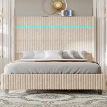 Corduroy Upholstered Platform Bed Frame With LED Lights, 60" Tall Wingback Headboard & Charging Station – No Box Spring Required - Beige - View 2