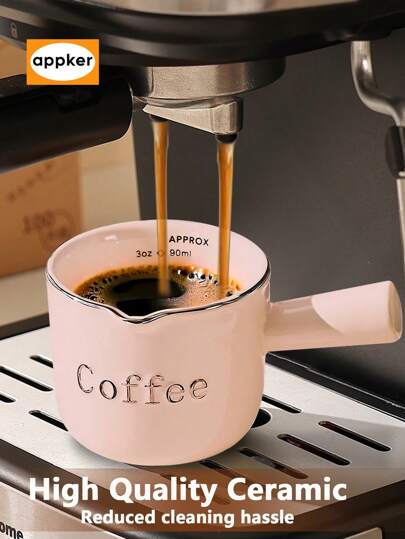 APPKER Pink Espresso Cups, Espresso Coffee Ceramic Measuring Cup, 90ML Espresso Cups With Handle, Espresso Shot Coffee Cup With V-Shaped Mouth, Pitcher For Coffee Espresso Making Frothing