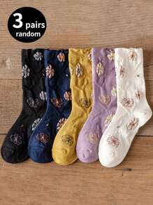 3 Pairs Random Women Floral Pattern Mid-Calf Socks, Cute Fashion Casual Breathable Sports Socks For Spring/Autumn, Suitable For Daily Wear