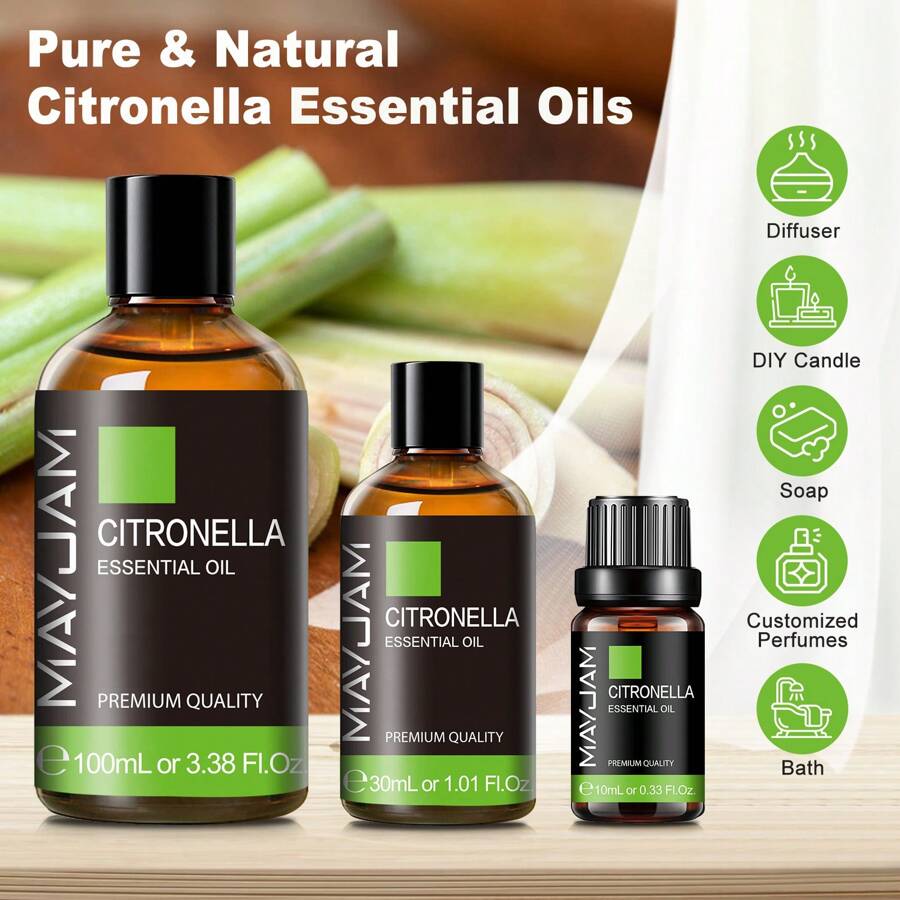 10/30/100ml Lemongrass Essential Oil, MAYJAM 1 Bottle Premium Lemongrass Essential Oil, Suitable For Aromatherapy Diffuser, Humidifier, Candle And Soap Making, Pure Essential Oil, Suitable For Home Aromatherapy Diffuser, DIY Fragrance, Long-Lasting Fragrance