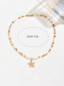 1 件手工仿珍珠金海星吊坠项链，女士海洋风格珠宝适合休闲和度假 - 仿珍珠+海星 - 查看 5