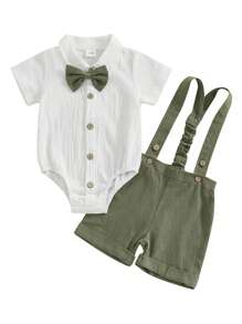 0-18M Baby Boy Gentleman Outfit Solid Color Short Sleeve Lapel Neck Romper With Suspender Shorts And Bowtie 3 Pcs Set - 軍綠色 - 查看 1