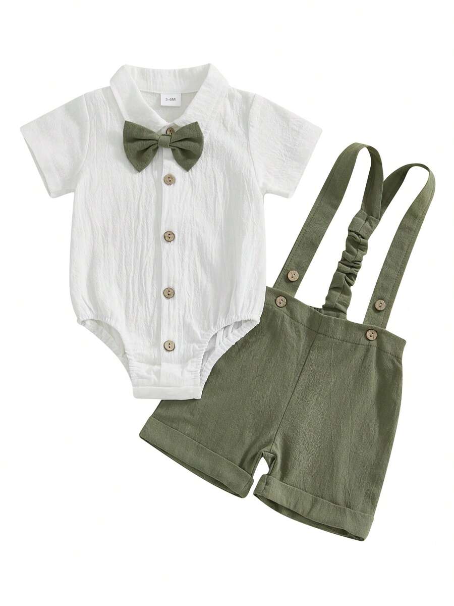 0-18M Baby Boy Gentleman Outfit Solid Color Short Sleeve Lapel Neck Romper With Suspender Shorts And Bowtie 3 Pcs Set - 軍綠色 - 查看 1