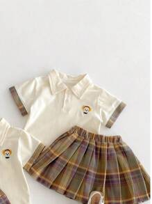 2 件套婴儿/女婴卡通 Polo 衫和褶皱连衣裙套装，夏季