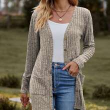 Women's Long Sleeve Open Front Knit Ribbed Cardigan Sweater With Pockets 2025 Winter Lightweight Cardigans Outerwear - Màu Khaki - Xem 3