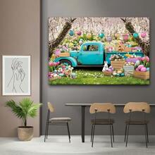 1pc Easter Photography Backdrop - Vibrant Spring Design With Blue Truck, Colorful Eggs, Flowers, Bunnies And Tulip Floral Forest Scene, Polyester Fabric, Great For Photo Booth Props And Party Decoration Backdrop, Festival Accessories | Floral Festival Backdrop | Polyester Fabric Background, Easter Outdoor Decor