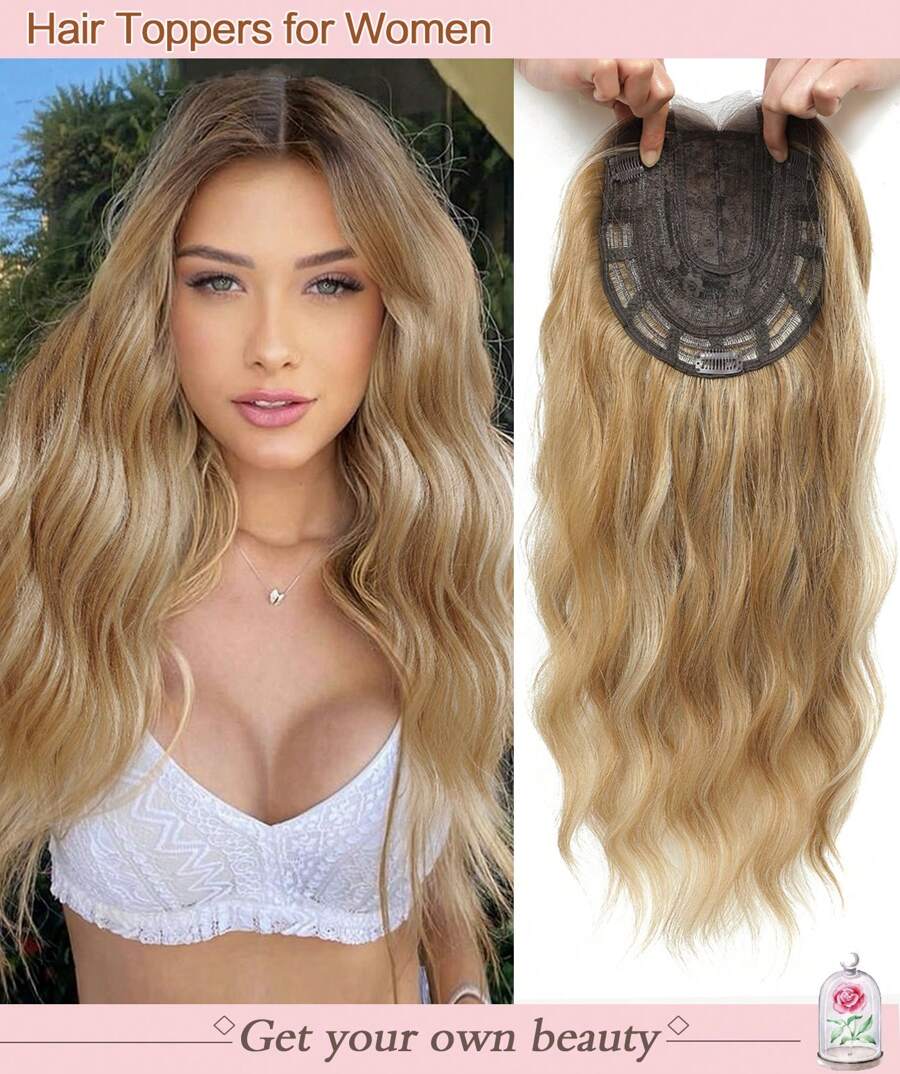 20" Wavy Hair Topper To Add Hair Volume 6.5"X6.5" Base Size Hair Toppers For Women Synthetic Hair Pieces For Women With Thinning Hair Wavy Clip In Hair Extensions - Blonde Highlight - View 1
