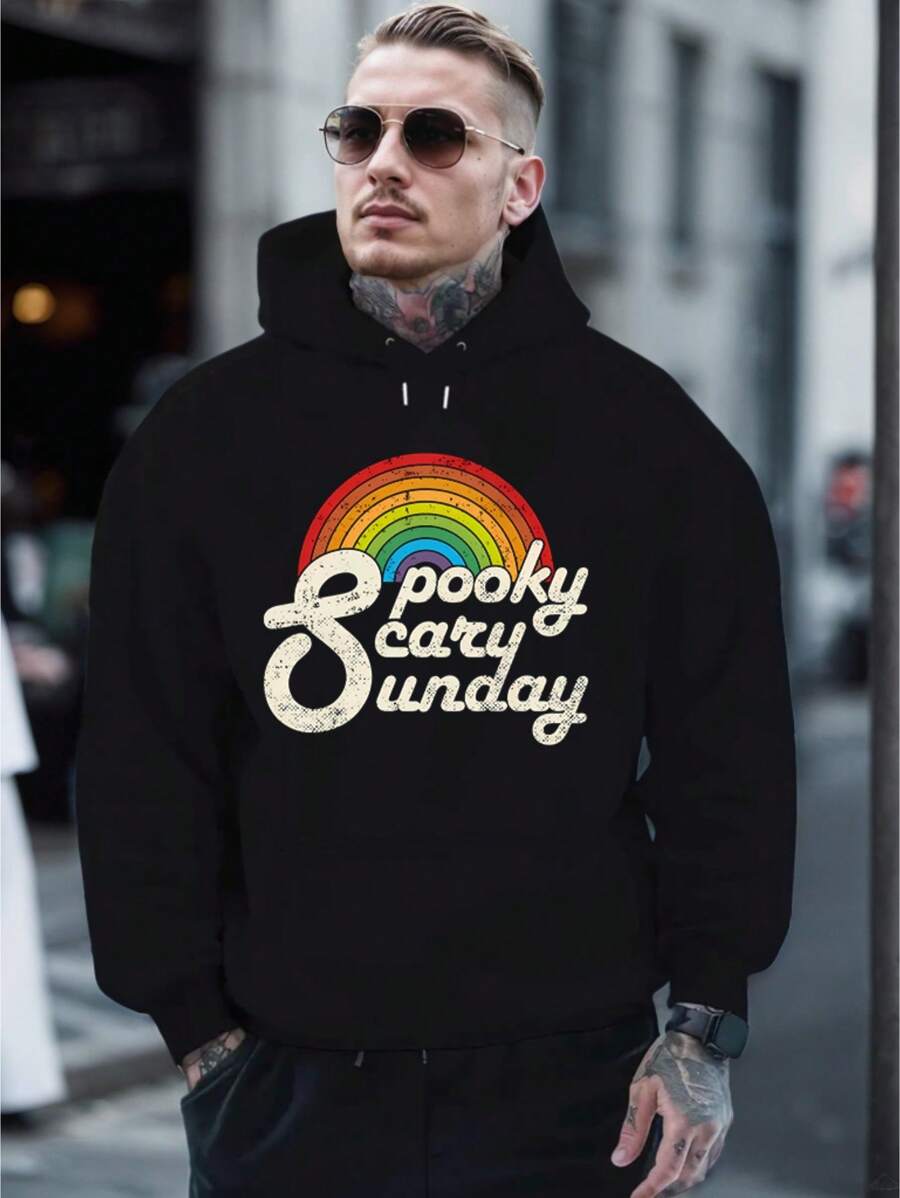 Spooky Sunday Creative Printed Hoodie Set - Gift - Adjustable Kangaroo Pocket Zipper Set Hoodie - 黑色 - 查看 1