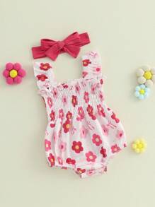 Baby Girls Rompers Flower Print Ruched Sleeveless Infant Bodysuits Jumpsuits With Headband - Pink - View 5