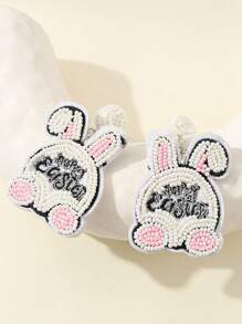 1 Pair Fashionable Easter Day Earrings With Beads, Sequins And Embroidered Eggs And Rabbits Design For Women