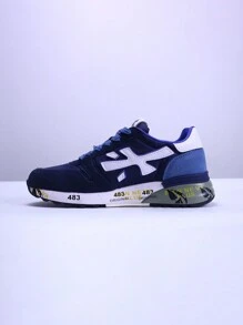 Sapatos PREMIATA Sapatos Masculinos Nichos Novos Tênis Retrô para Casais 483 Sola Plana Cano Baixo Sapatos Estudantis com Caixa de Sapato, Adequado para Presente, Presenteável, Estudantes, Escola, Corrida - Azul escuro - Visão 3